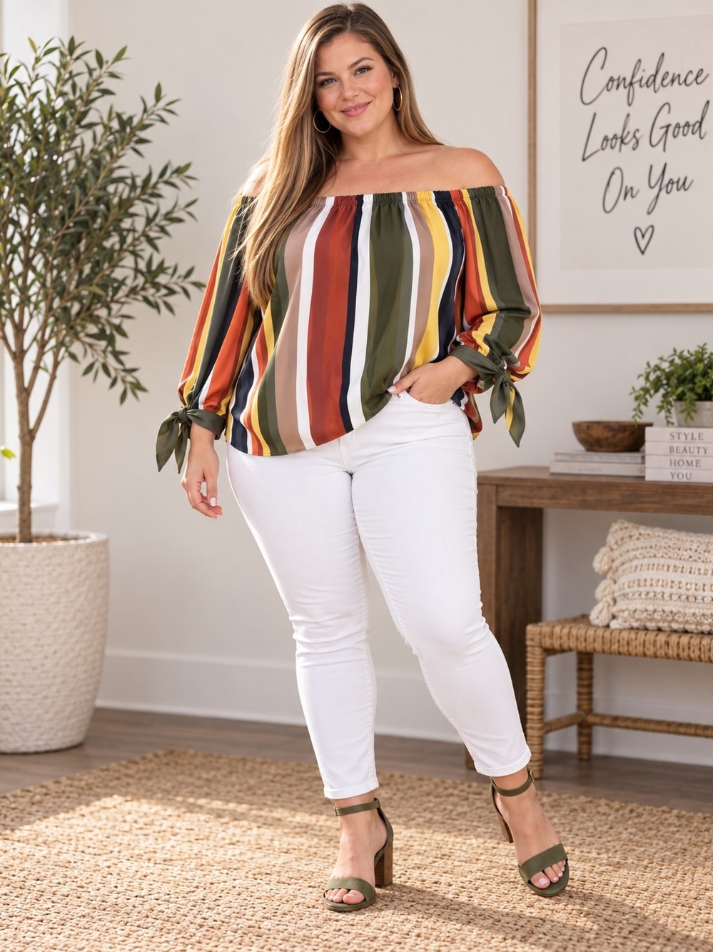 Striped Off-Shoulder Plus-Size Top in Multi-Color